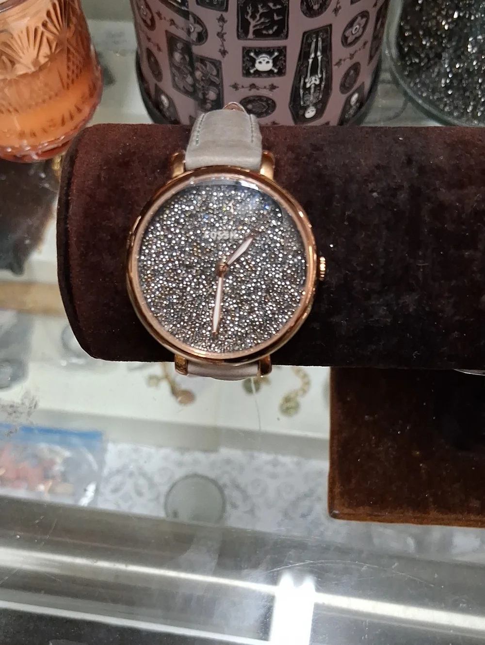 Fossil  Gold Crystal Pavé Dial Watch with Light Gray Strap
